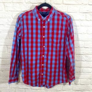 Tommy Hilfiger Kids Blue Red Plaid Long Sleeve Button Down Shirt Size XL